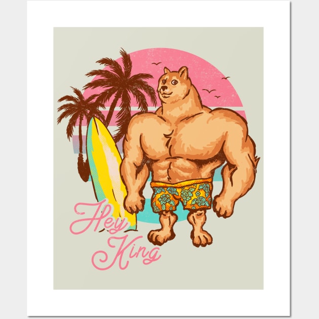 Swole Doge Chilling on the Beach | Hey King | Pink Wall Art by anycolordesigns